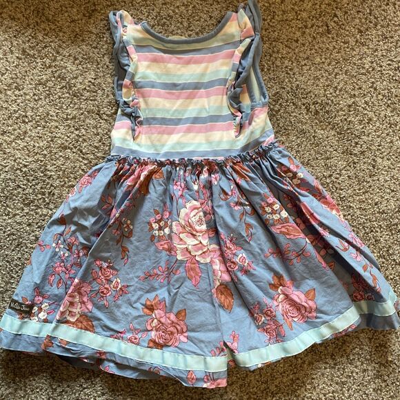 Matilda Jane Girls Dress Size 4 Sleeveless Blue Pink Stripe Top Floral Skirt - Picture 3 of 3